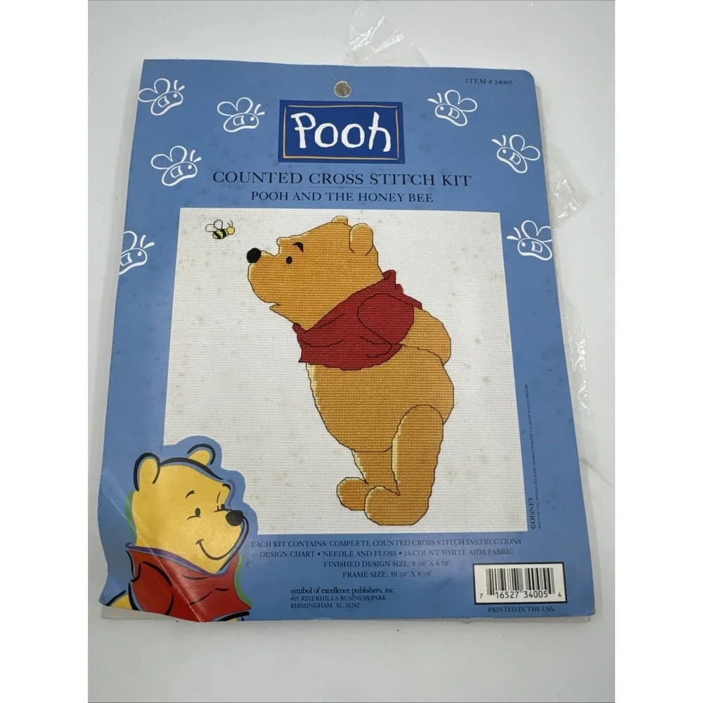 VTG Counted Cross Stitch Kit Pooh & Honey Bee Disney Winnie The Pooh‎ 14ct Aida